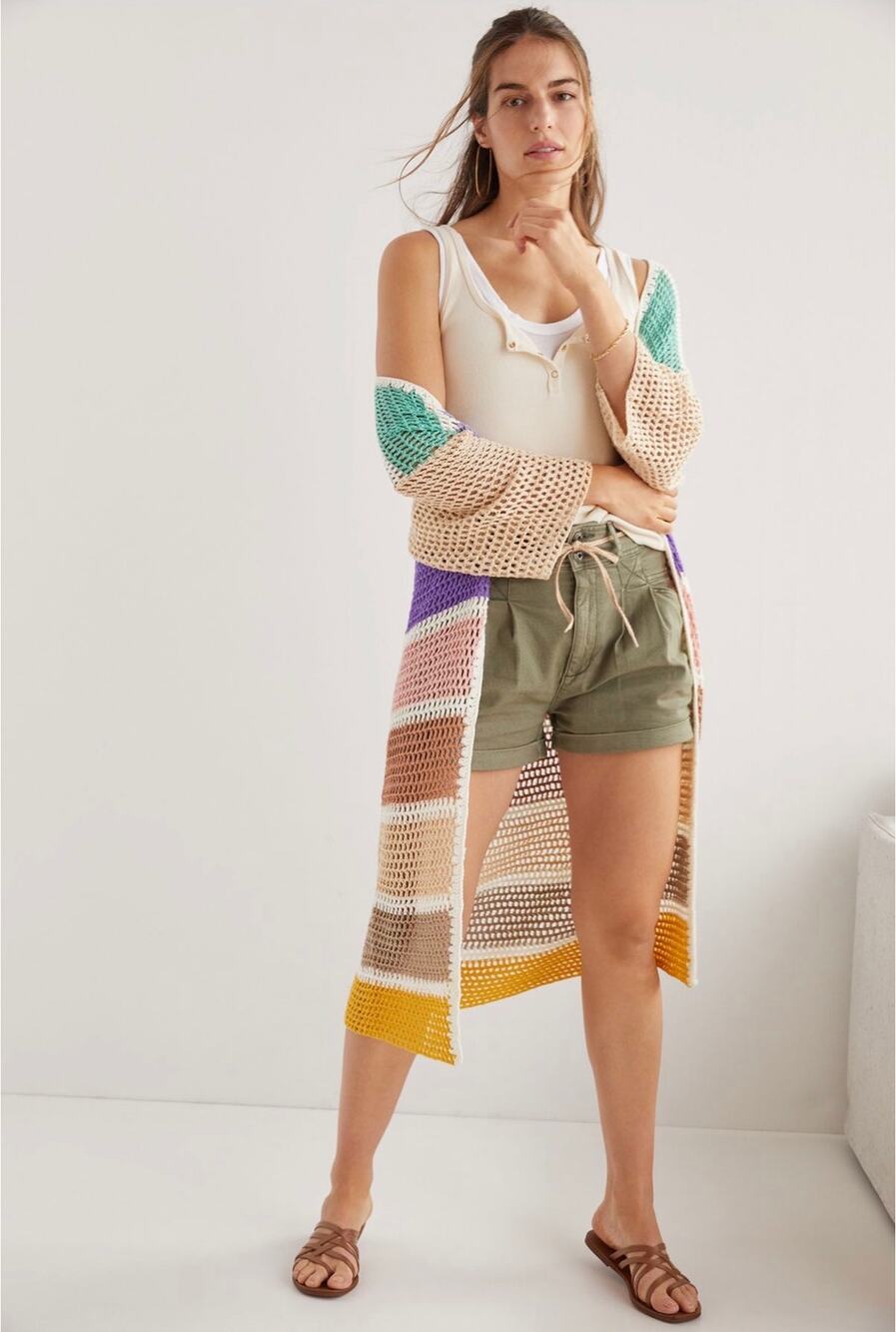 Anthropologie Colorblock Crochet Duster Cardigan Open Knit Boho OS Swim Coverup